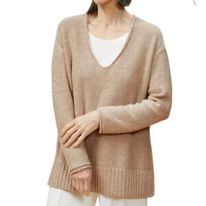 Lafayette 148 New York Lurex V-Neck Sweater Silk Linen Blend Tan Medium